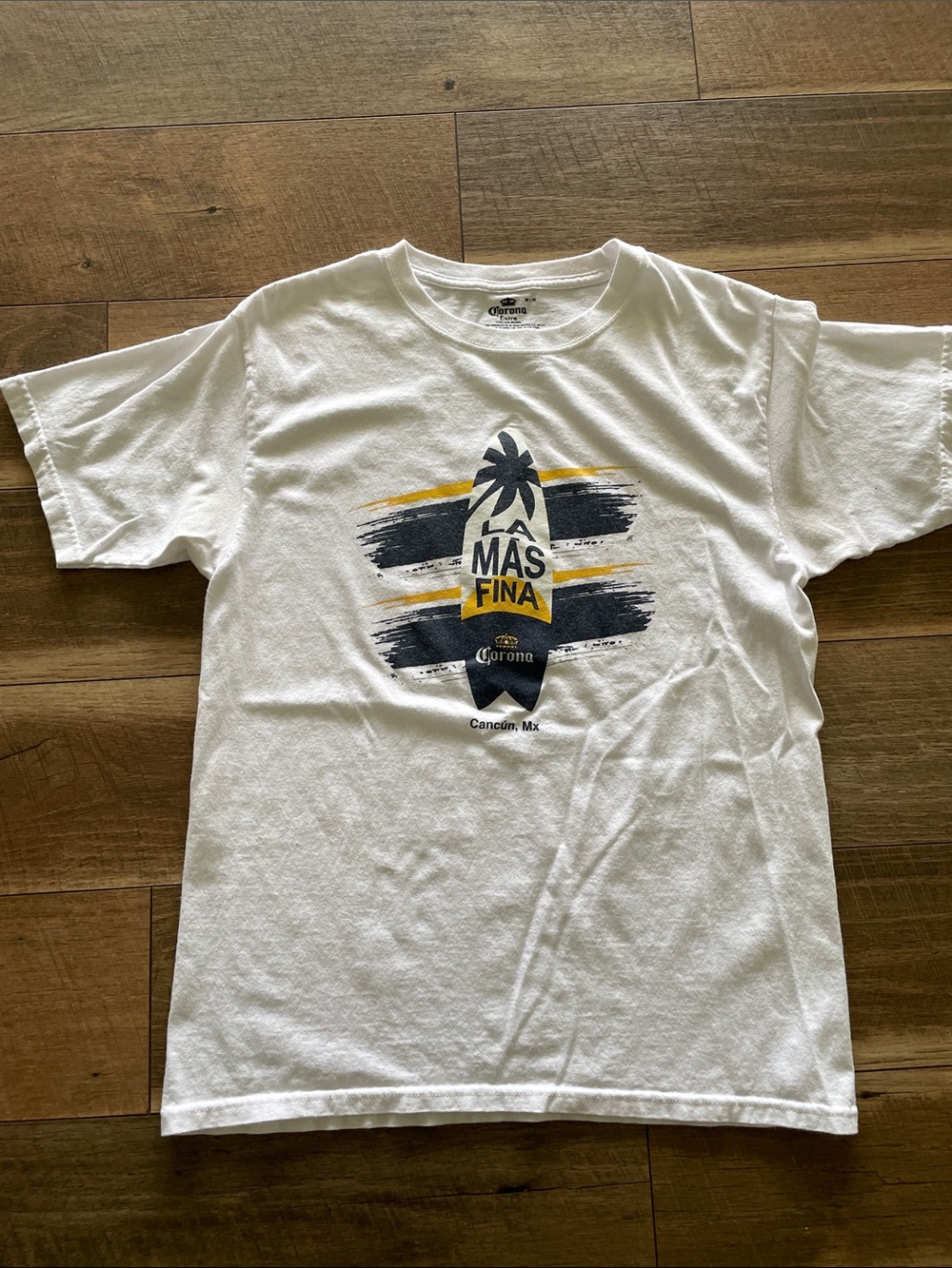 Corona White Tee with Navy and Gold Surf Graphic